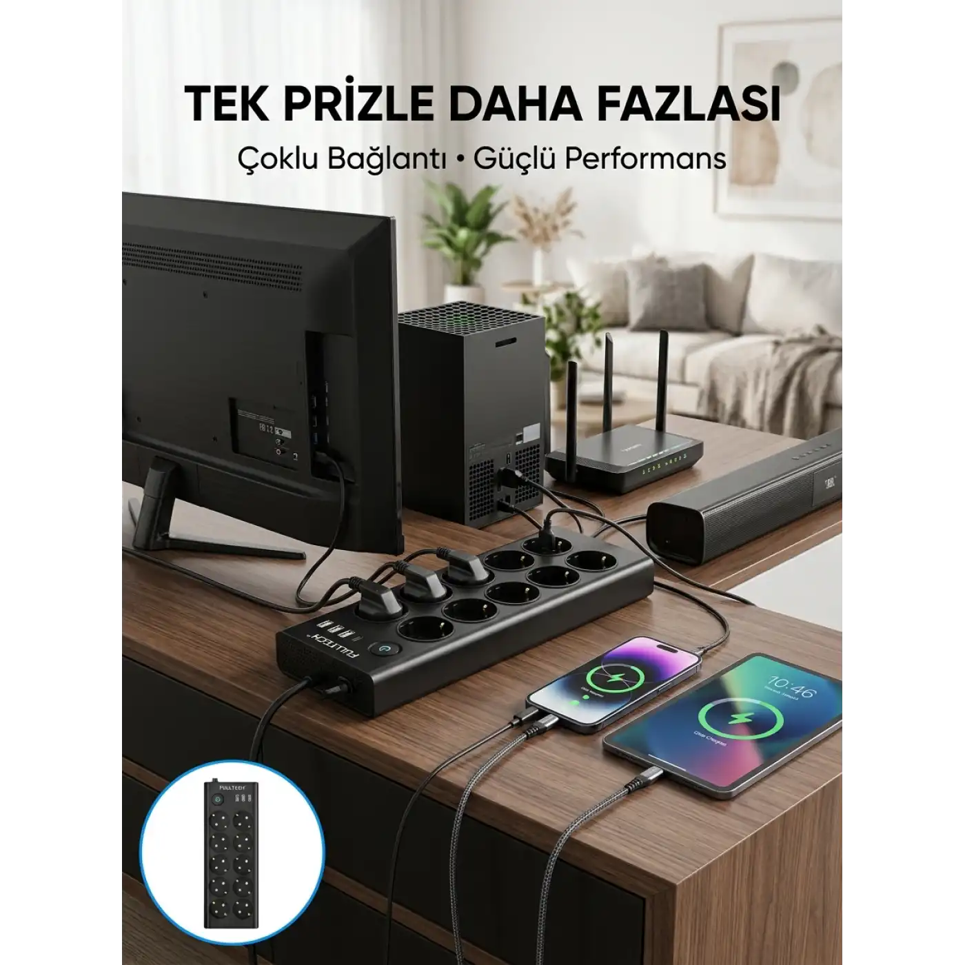 10 Prizli USB Destekli Çoklu Priz Type-C Şarj Girişli Güvenli Güç Ünitesi