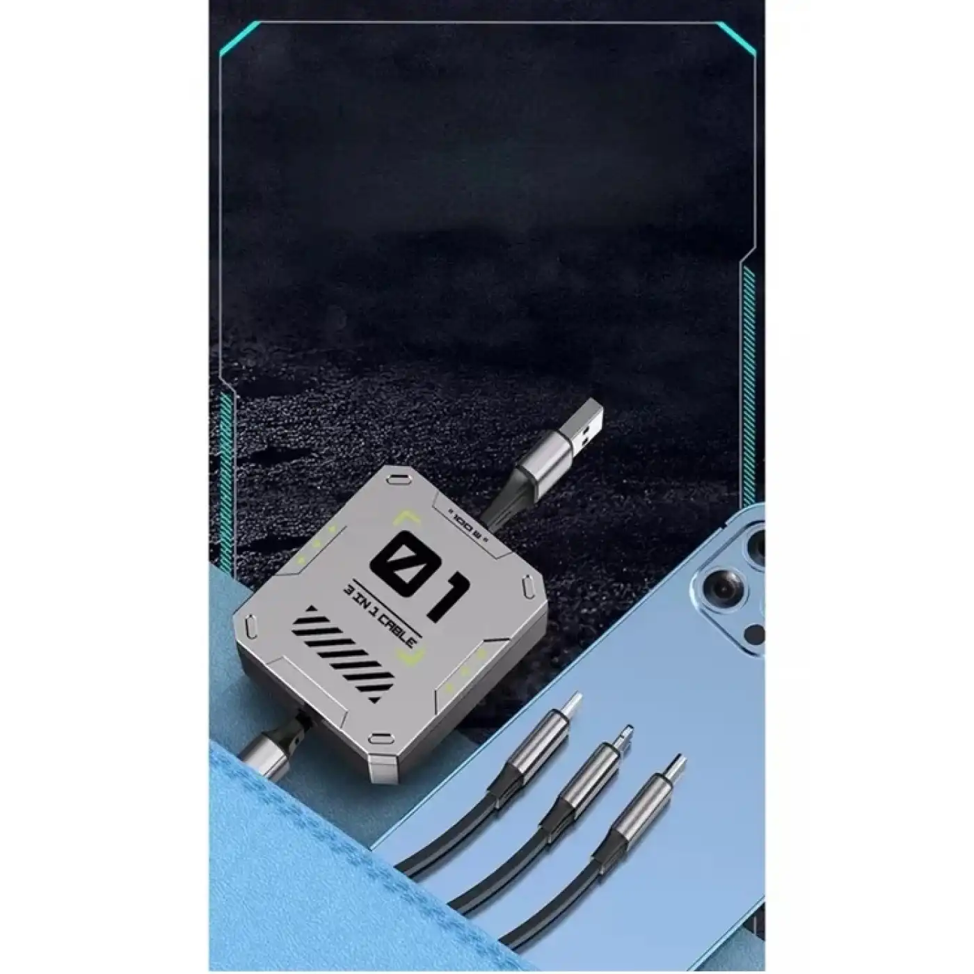 100w Geri Çekilebilir Makaralı Çoklu Şarj Kablosu Alüminyum Kutu Lightning Micro Type-c Şarj Kablosu