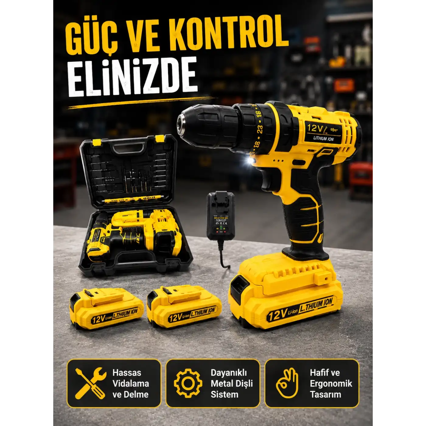 12V Akülü Matkap | 20-30 Nm Tork, Çift Hız Ayarı ve LED Işık