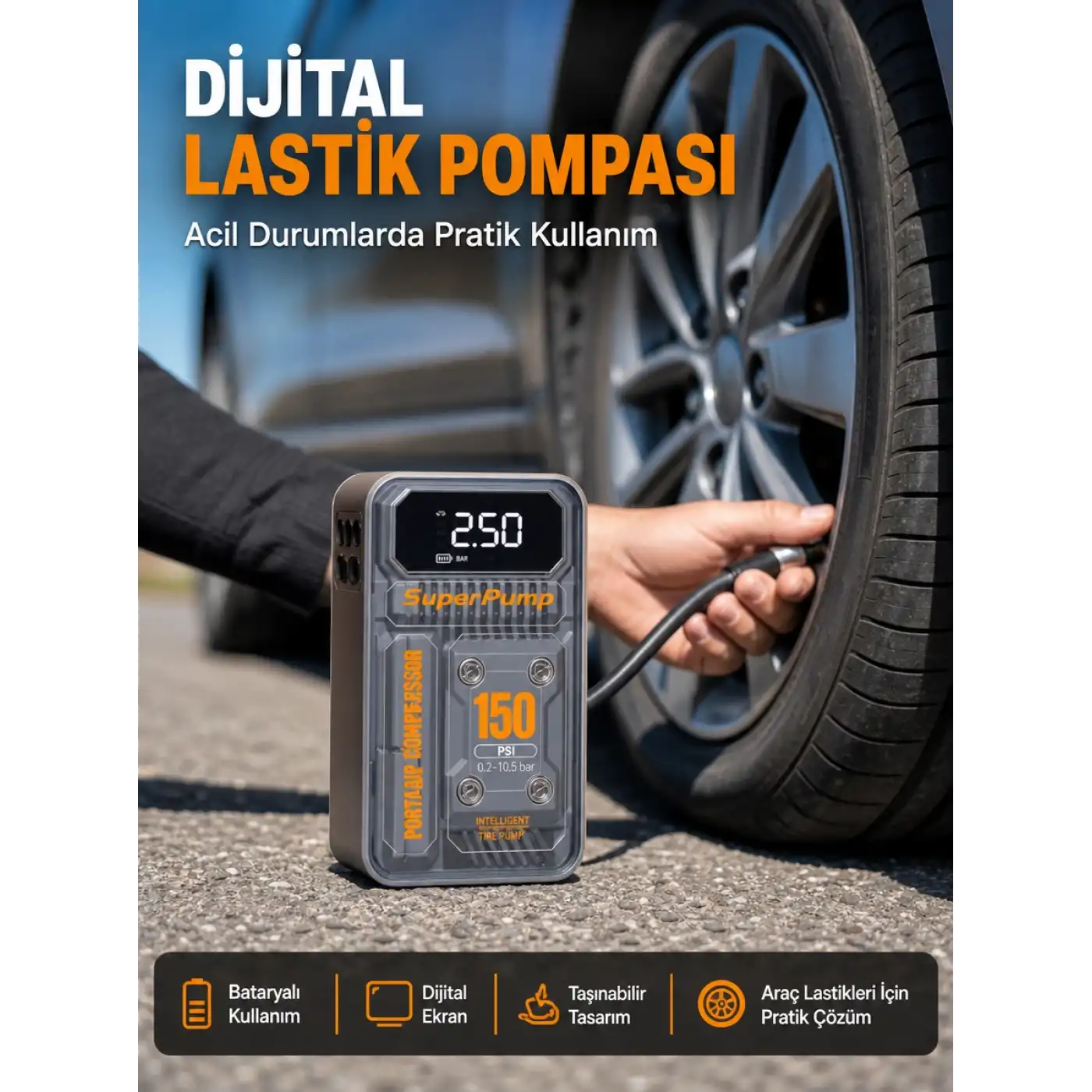 150 PSI Kablosuz Dijital Ekranlı Taşınabilir Araç Lastik Pompası