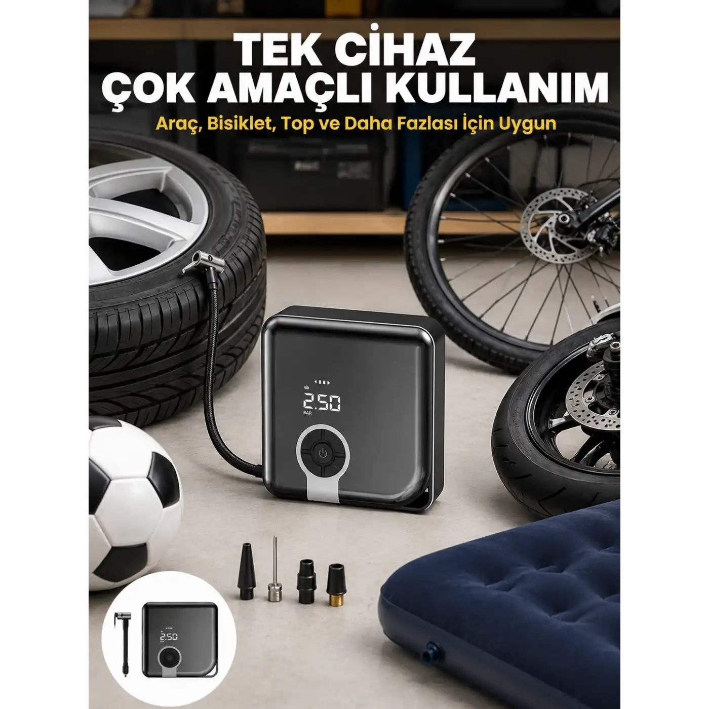 150 PSI Yüksek Basınç Kapasiteli Kablosuz Lastik Pompası Yeni Nesil