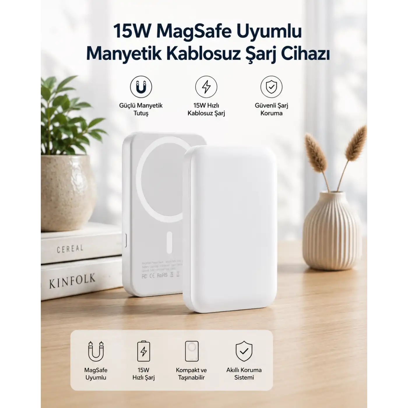 15W MagSafe Uyumlu Manyetik Kablosuz Powerbank 5000 mAh