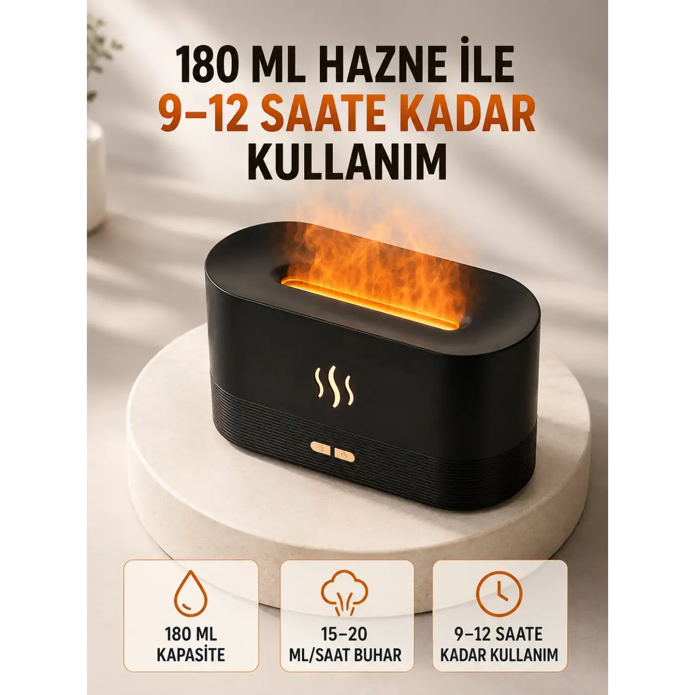 180 ML Alev Efektli Aroma Difüzörü Ultrasonik Buharlı Aromaterapi Cihazı