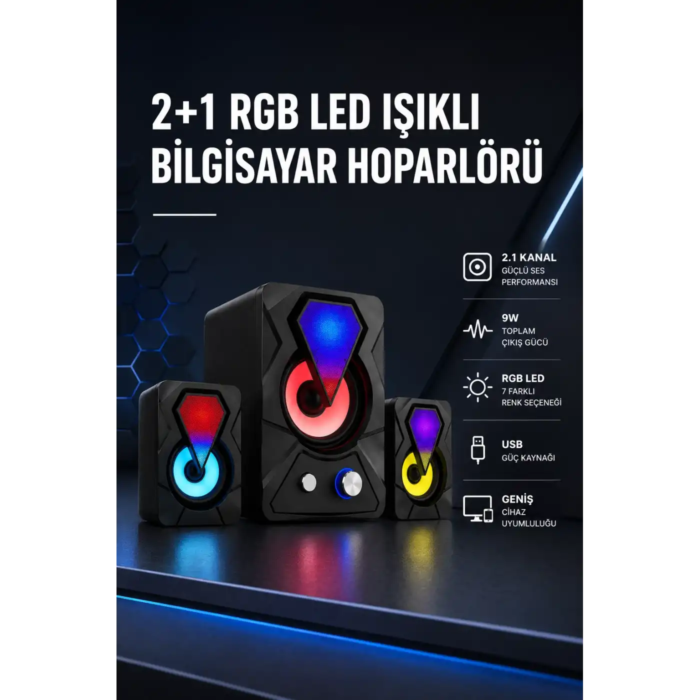 2+1 RGB LED Işıklı Güçlü Bas Sistemli Bilgisayar Hoparlörü