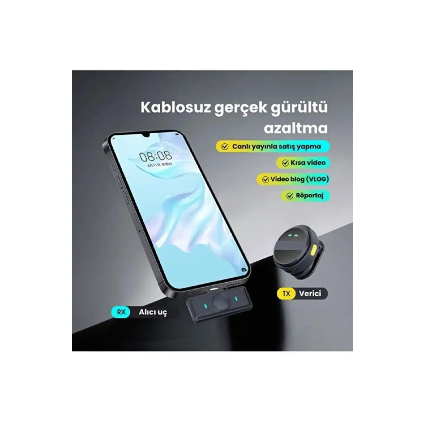 2 Adet Profesyonel Kablosuz Yaka Mikrofonu Lighting Uyumlu Manyetik Klipsli