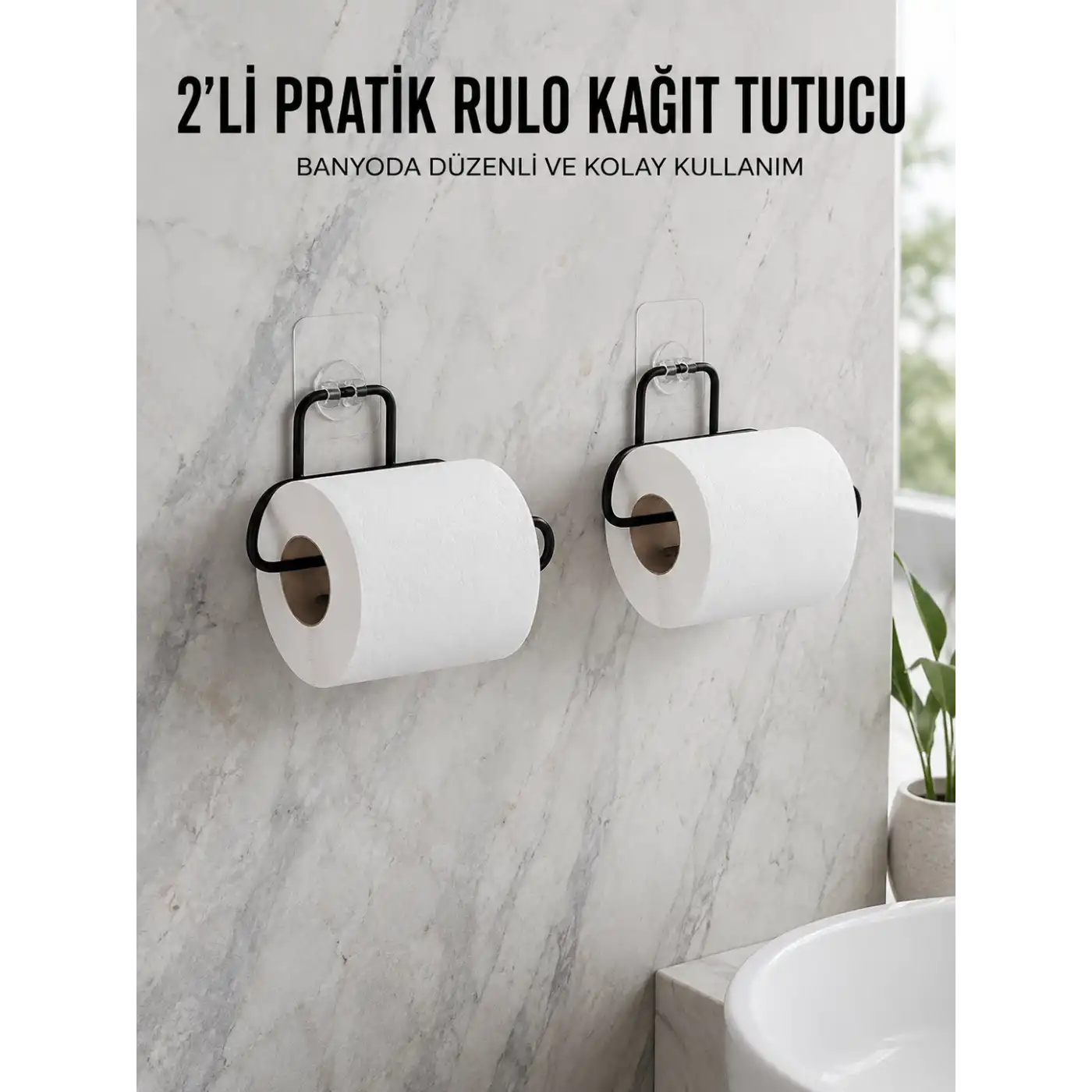 2 Adet Siyah Yapışkanlı Kağıtlık Duvar Tipi Tuvalet Kağıdı ve Rulo Tutucu