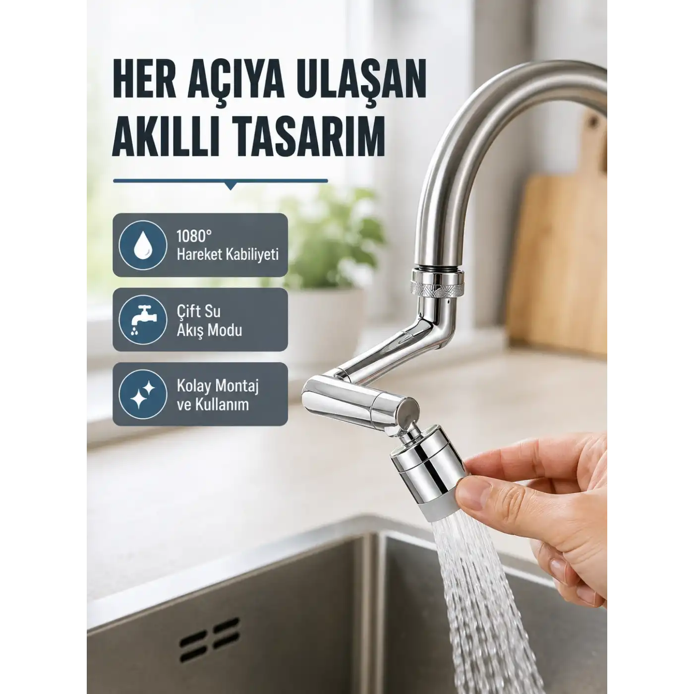 2 Modlu 1080° Dönebilen Musluk Başlığı Esnek 3 Eklemli Hareketli Tasarım