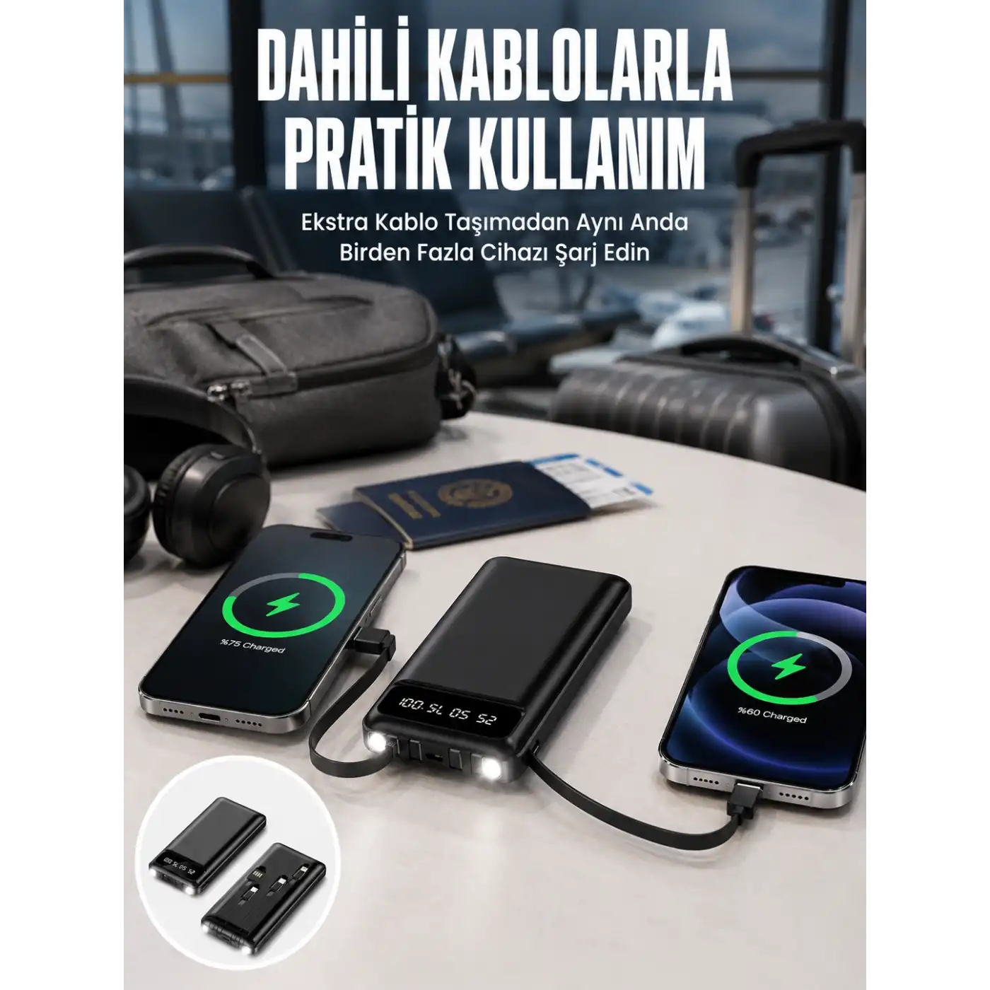 20.000 Mah Led Işıklı LCD Ekran USB Girişli Type-C Lightning Powerbank Yeni Nesil