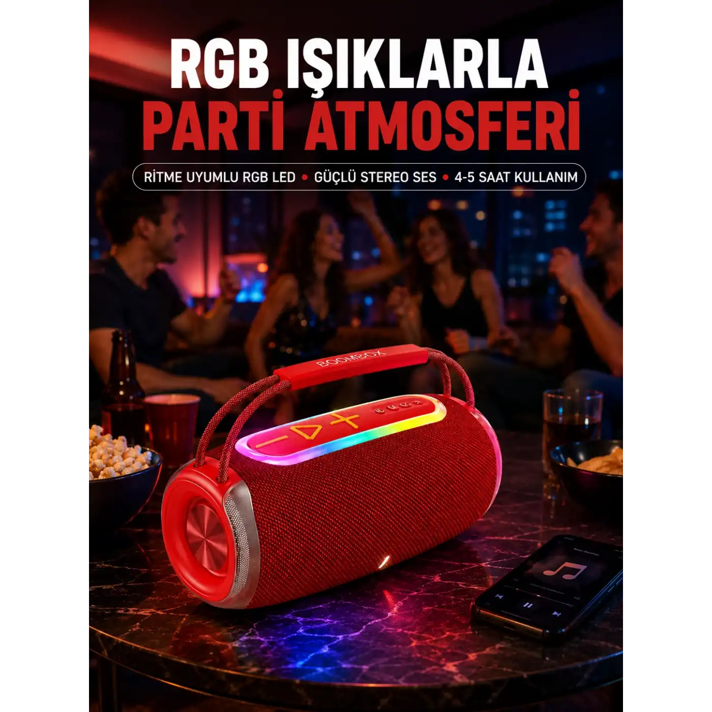 20W Güçlü Ses Çift Sürücülü RGB LED Işıklı Bluetooth 5.3 Hoparlör