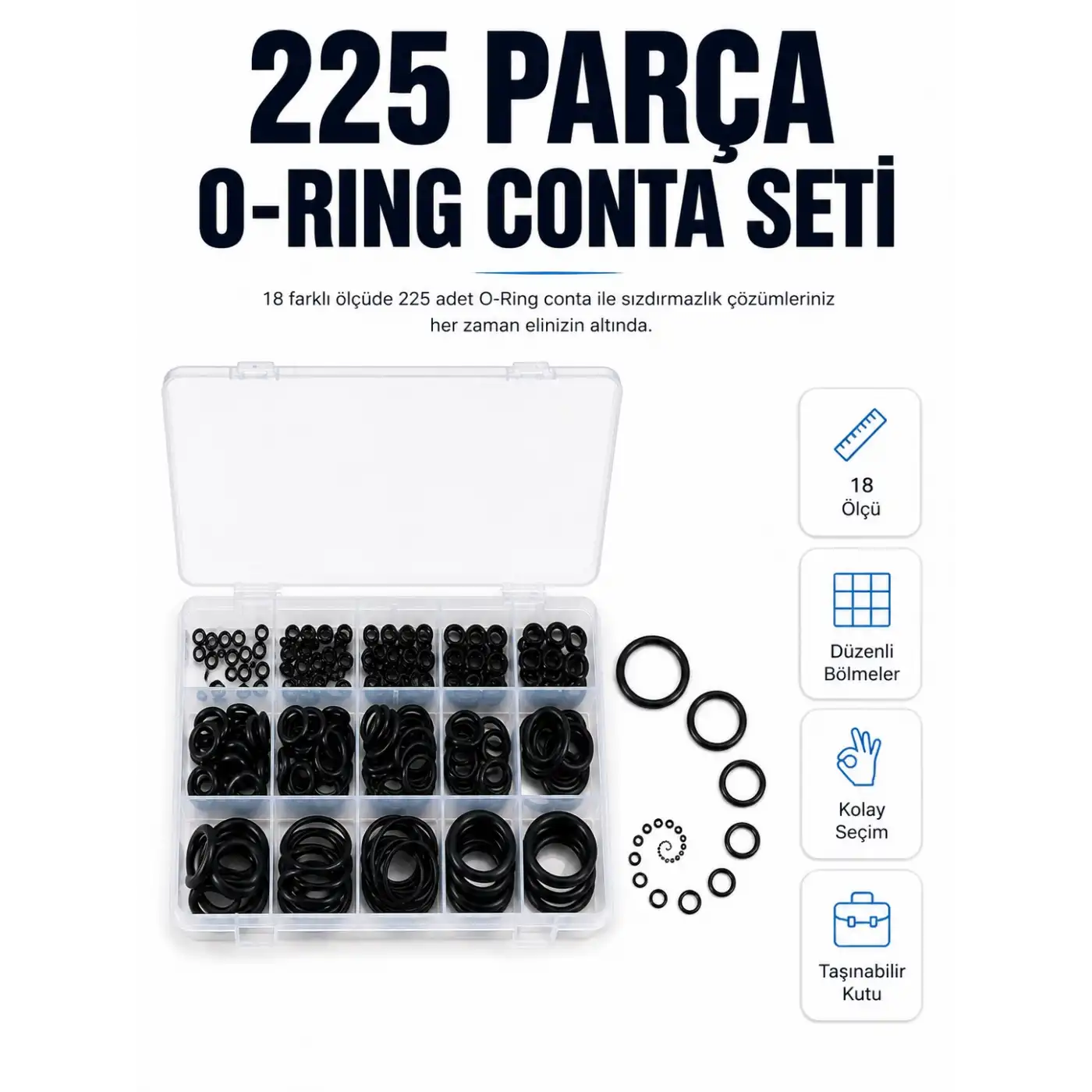225 Parça Profesyonel O-Ring Conta Kiti Su, Yağ ve Hava Sızdırmazlık Tamir Seti