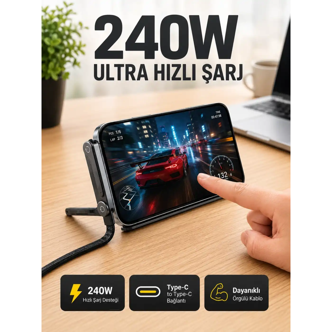 240W Type-C Telefon Standlı Örgülü Şarj ve Data Kablosu