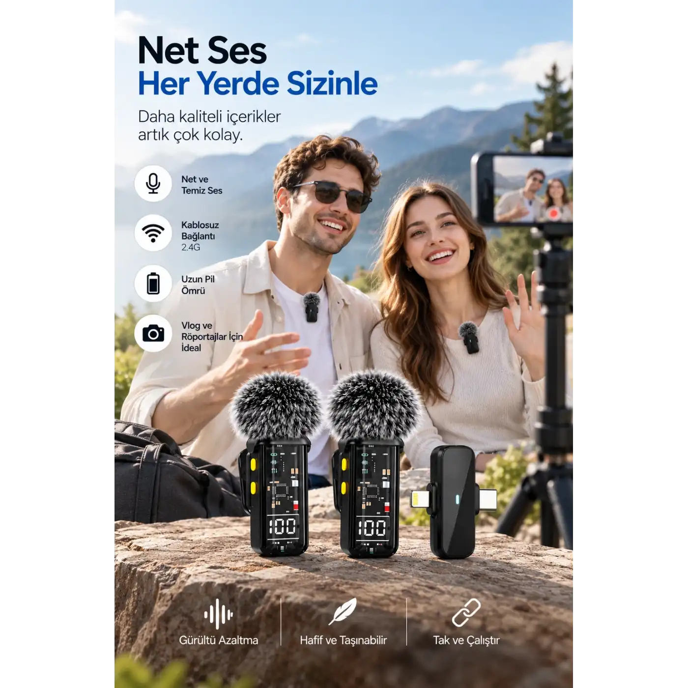 2.4G Kablosuz Çift Mikrofonlu Yaka Mikrofonu İçerik Üretim Seti