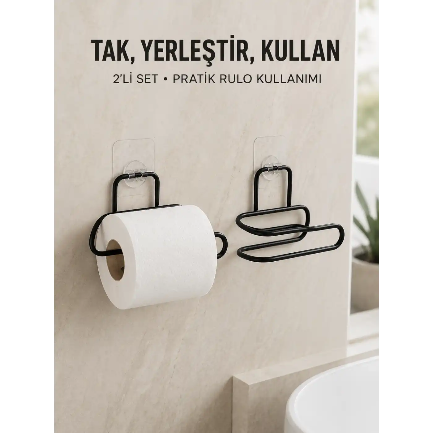 2’li Duvara Yapışkanlı Tuvalet Kağıtlığı Siyah Metal Pratik Rulo Tutucu
