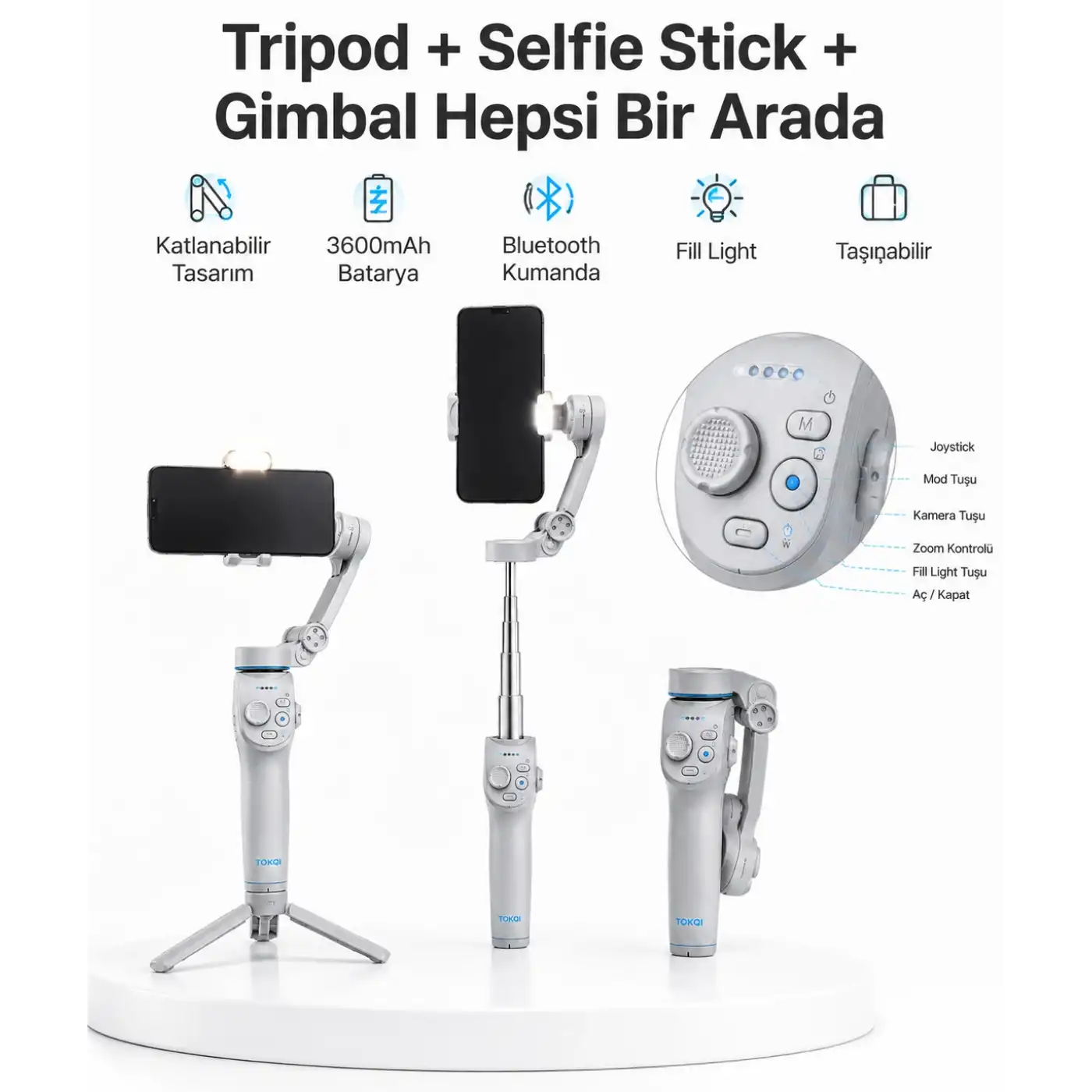 3 Eksen Telefon Gimbal Stabilizer Yapay Zeka Takipli Katlanabilir Dahili Dolgu Işıklı Video Sabitleyici