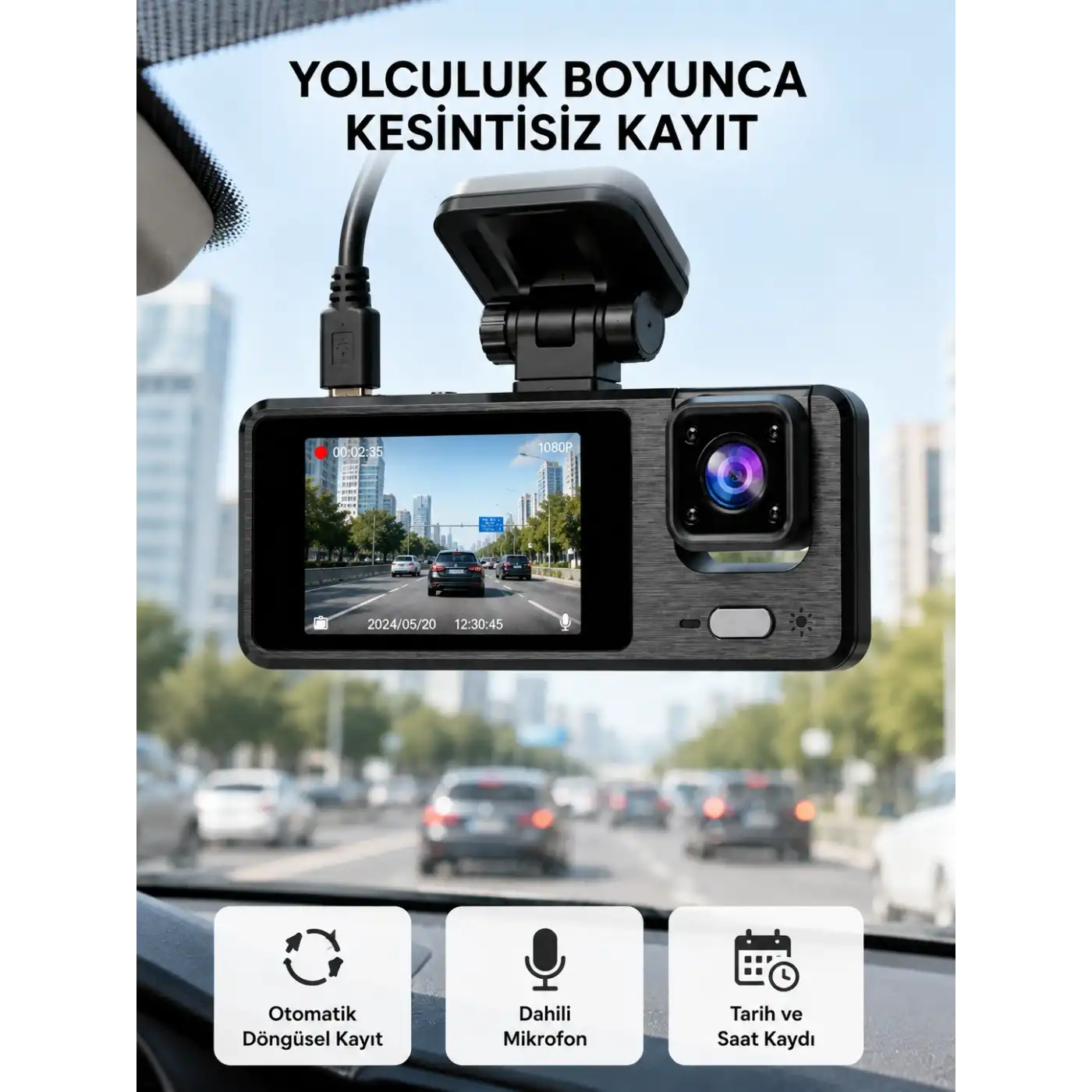 3 Kameralı Araç DVR 1080P Ön + HD Arka + İç Kamera Döngü Kayıt 2’’ Ekran
