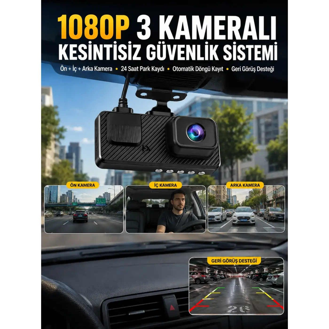3 Kameralı Araç İçi DVR Kayıt Cihazı  Ön İç Arka Kamera Full HD