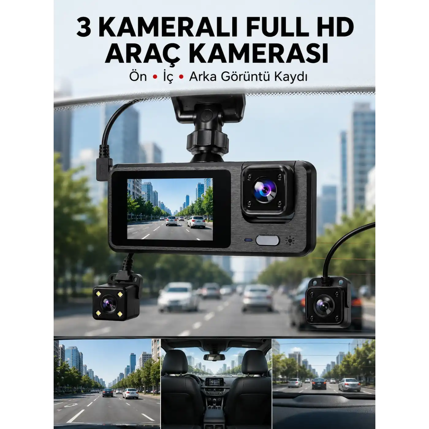 3 Kanallı Araç DVR – Ön + İç + Arka Kamera ile Tam Kapsama, Yüksek Güvenlik Yeni Nesil