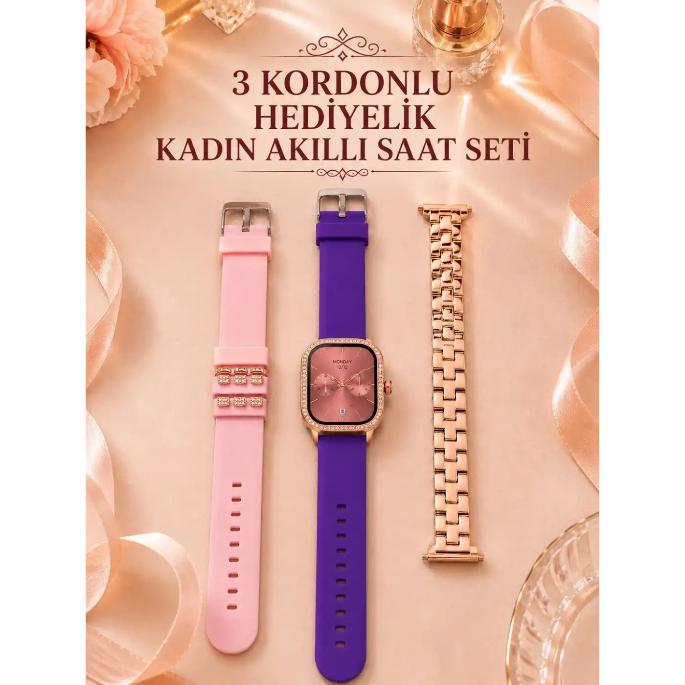 3 Kordonlu Rose Gold Kasalı Kadın Akıllı Saat Seti