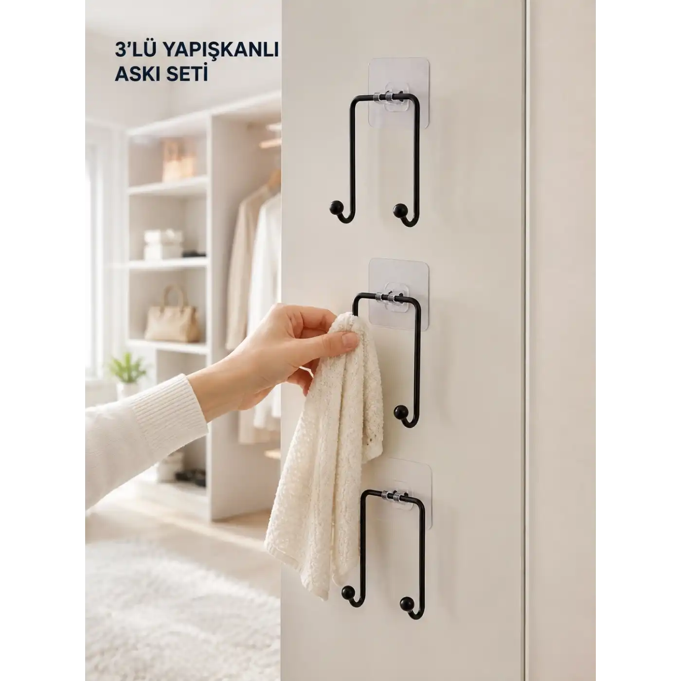 3lü Duvar Tipi Yapışkanlı Askılık Ev ve Yaşam Alanları İçin Pratik Set