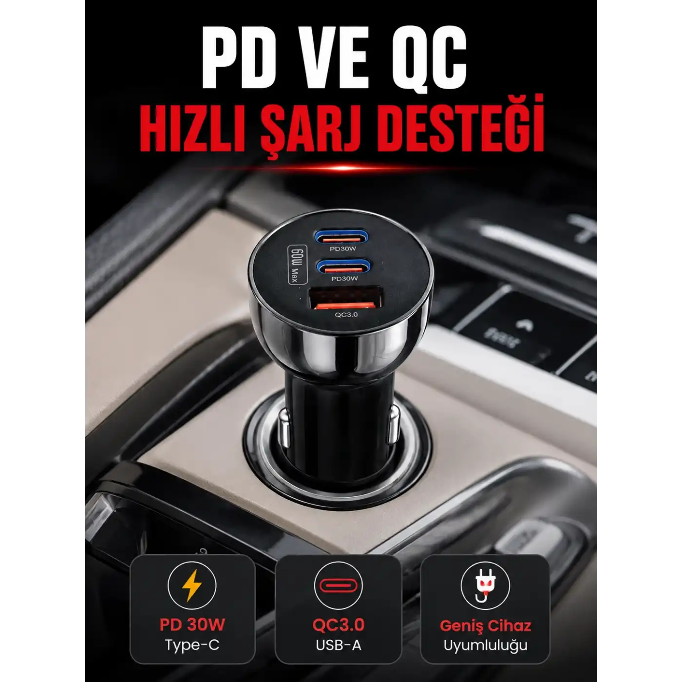 3 Portlu Araç İçi Şarj Adaptörü Çift PD Type-C ve QC3.0 USB Çıkışlı