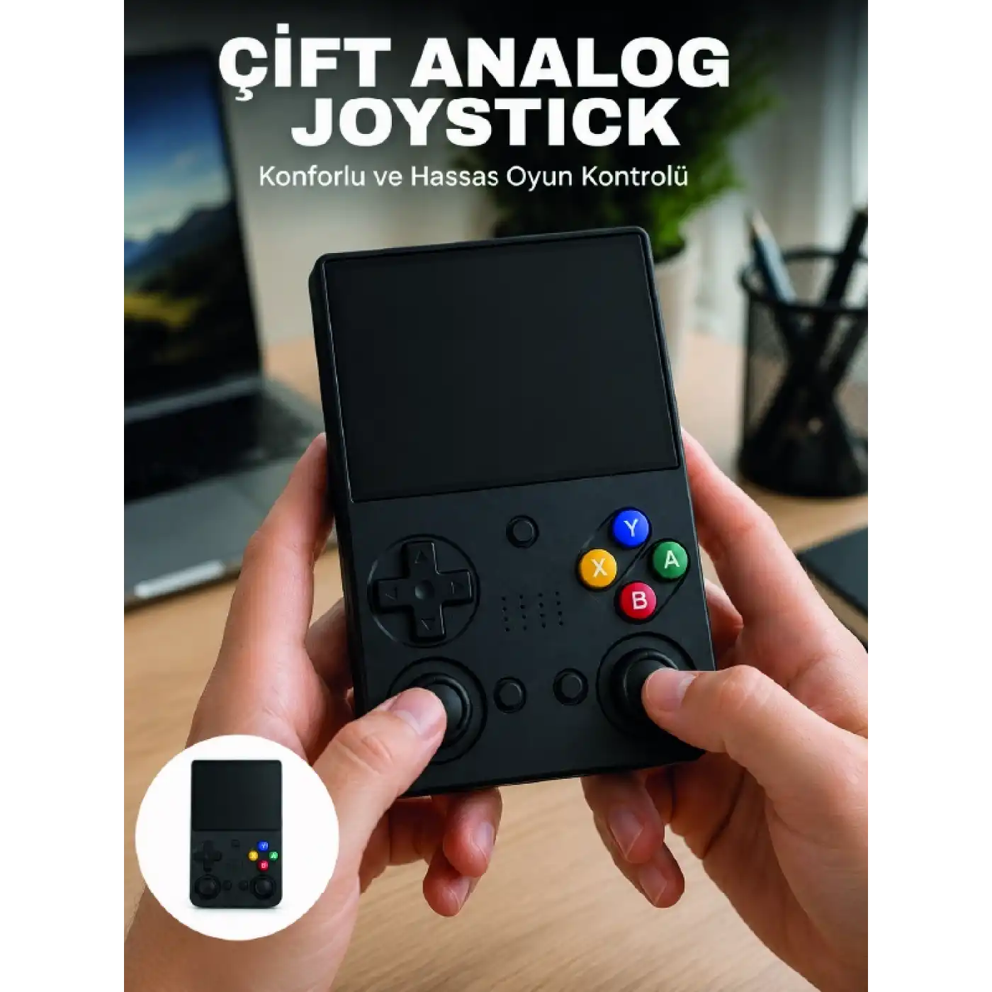 3.5 İnç IPS Ekran Retro Oyun Konsolu 64GB Dahili Hafıza Çift Analog Joystick Taşınabilir El Konsolu