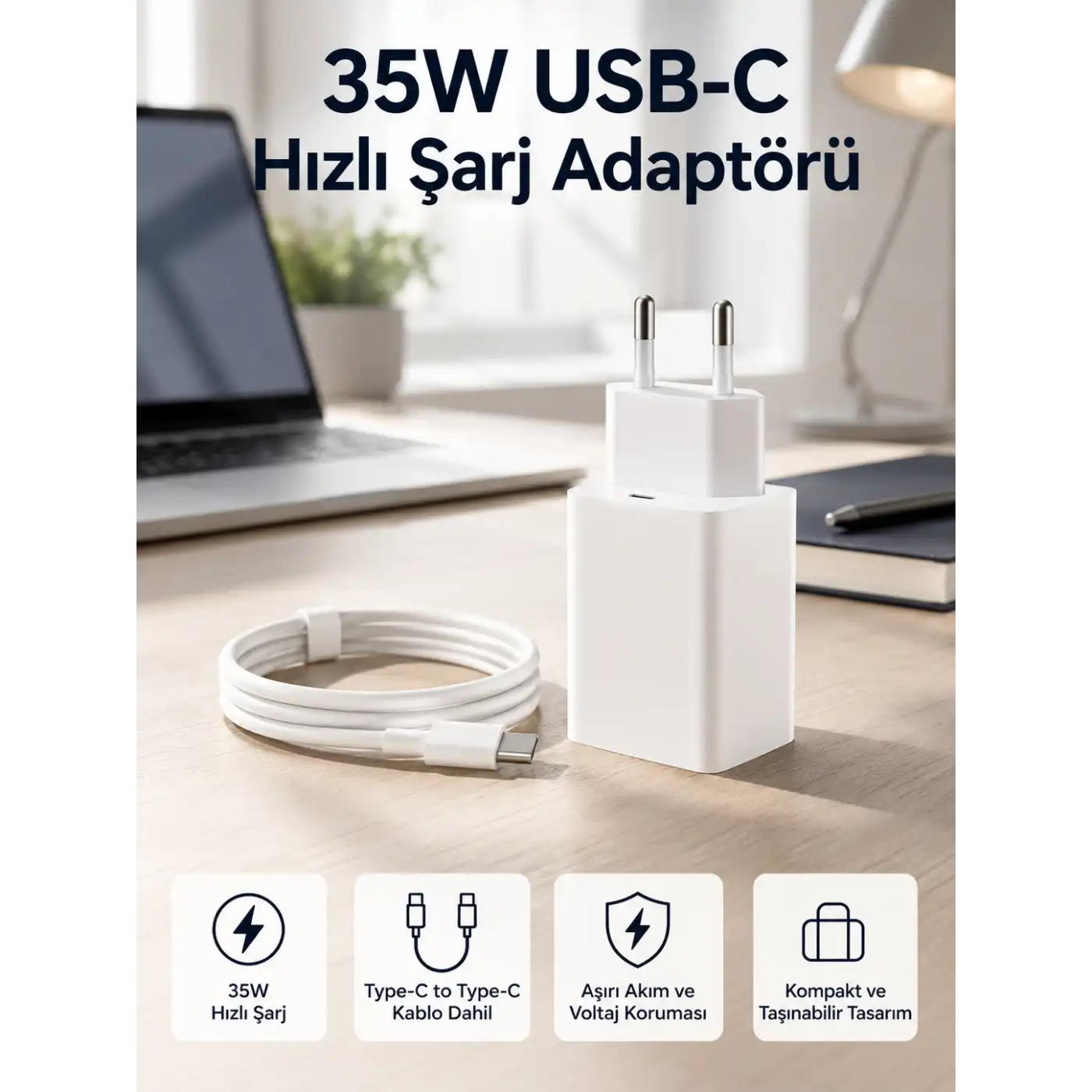 35W USB-C Hızlı Şarj Adaptörü Type-C to C Kablo Seti