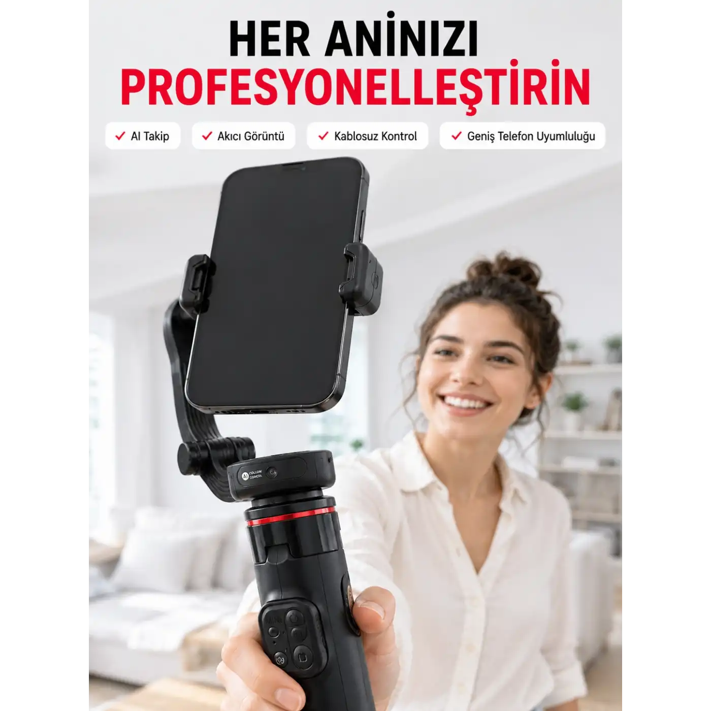 360° AI Akıllı Takipli Selfie Stick Gimbal Stabilizatör Bluetooth Kumandalı Uzayabilir Telefon Tripodu