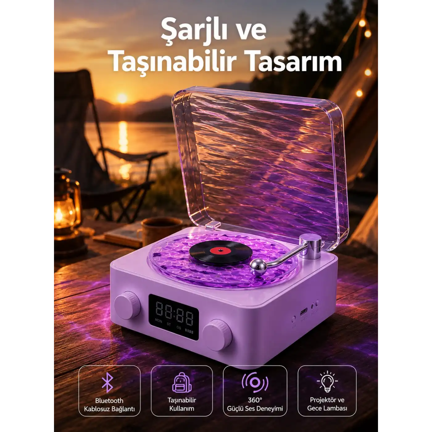 360° Sesli Kablosuz Hoparlör – Retro Tasarım ve Projektör Işığı