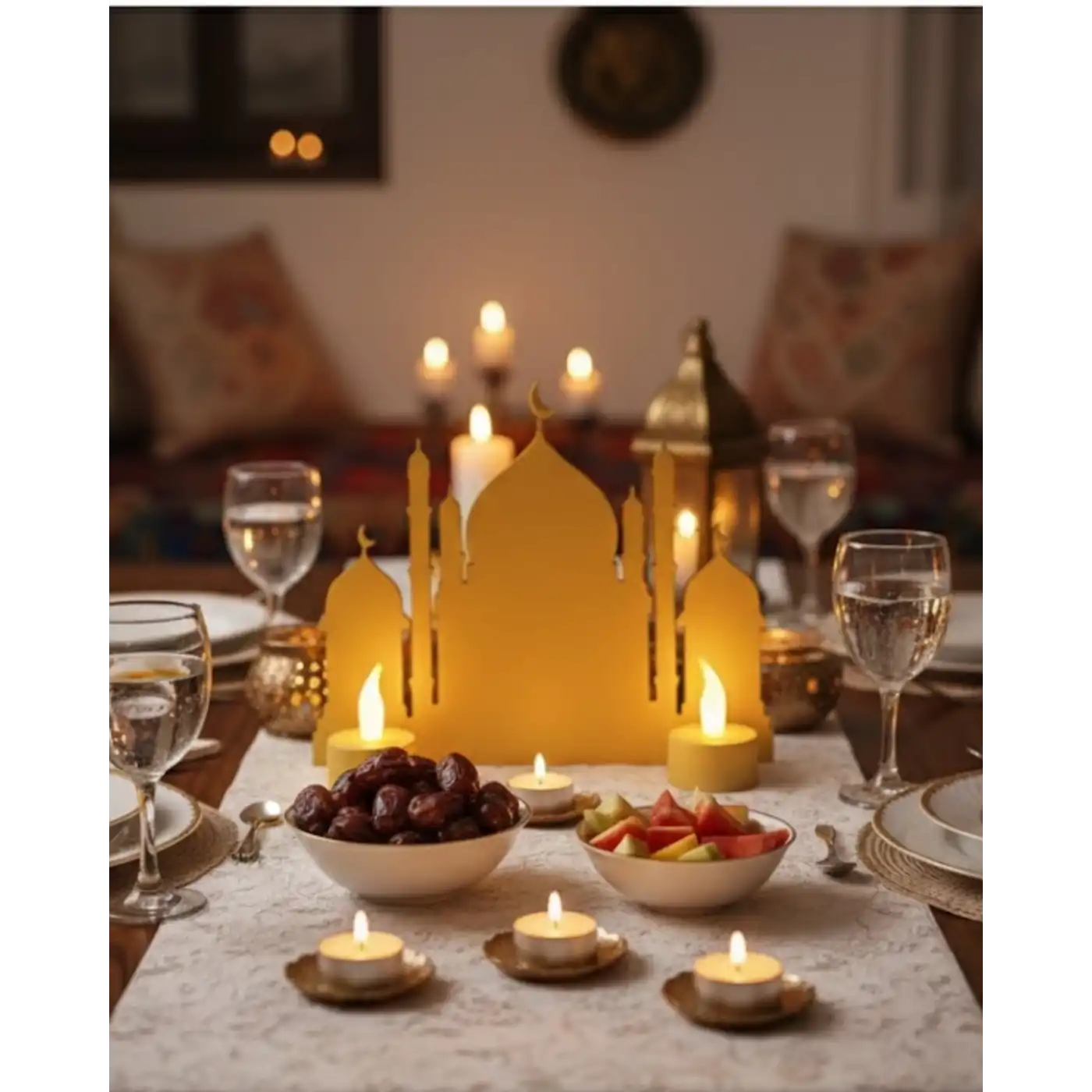 3D İki Mumlu Cami Dekor 2 Pilli LED Mum Hediyeli Masa Üstü Süs