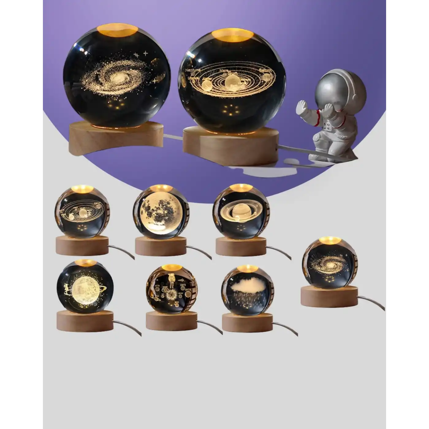 3D Samanyolu Galaksi Kristal Küre USB LED Işıklı Ahşap Standlı Gece Lambası