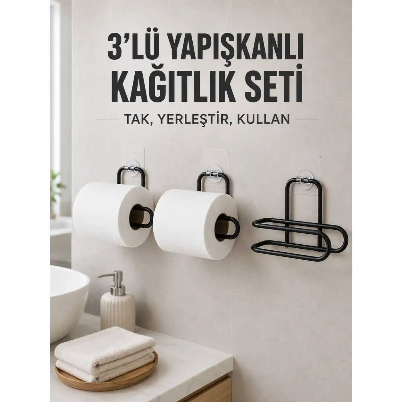 3’lü Siyah Duvar Tipi Kağıtlık Seti Yapışkanlı Pratik Rulo Tutucu