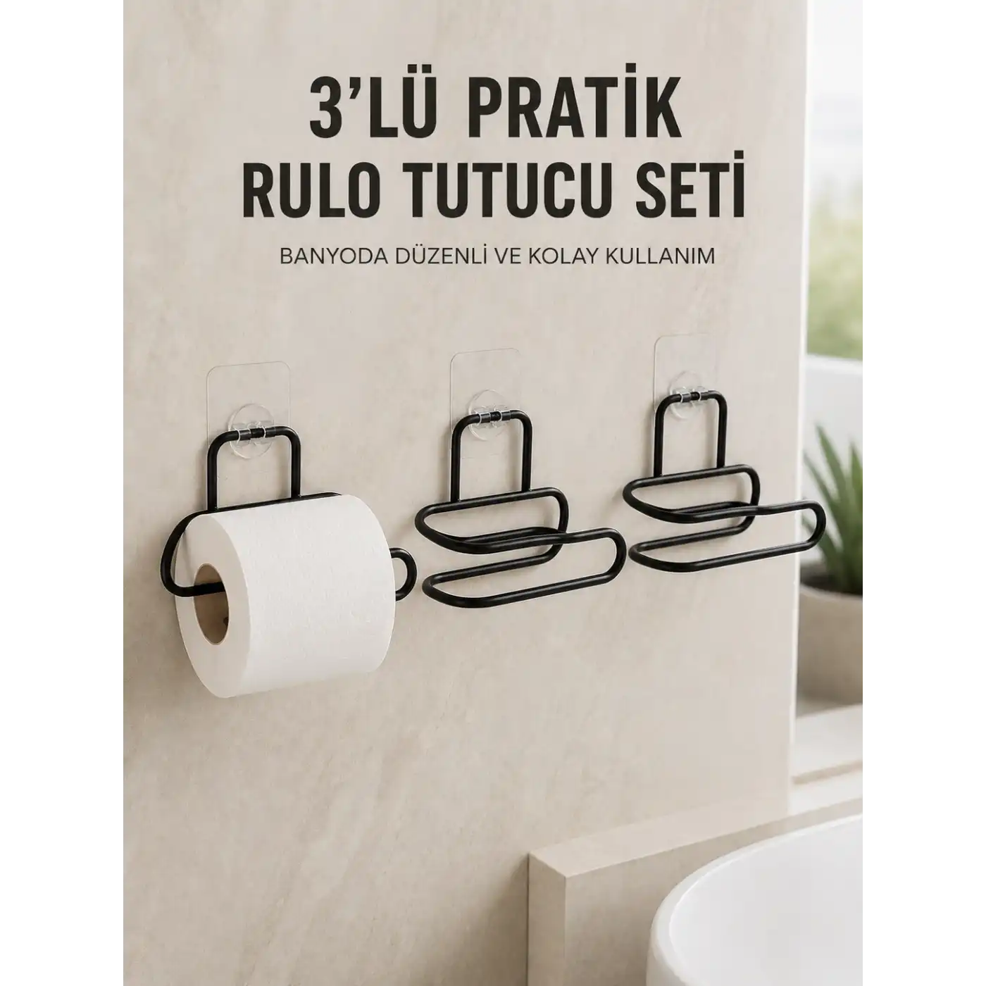 3’lü Yapışkanlı Tuvalet Kağıdı Tutucu Seti Siyah Duvar Tipi Rulo Kağıtlık