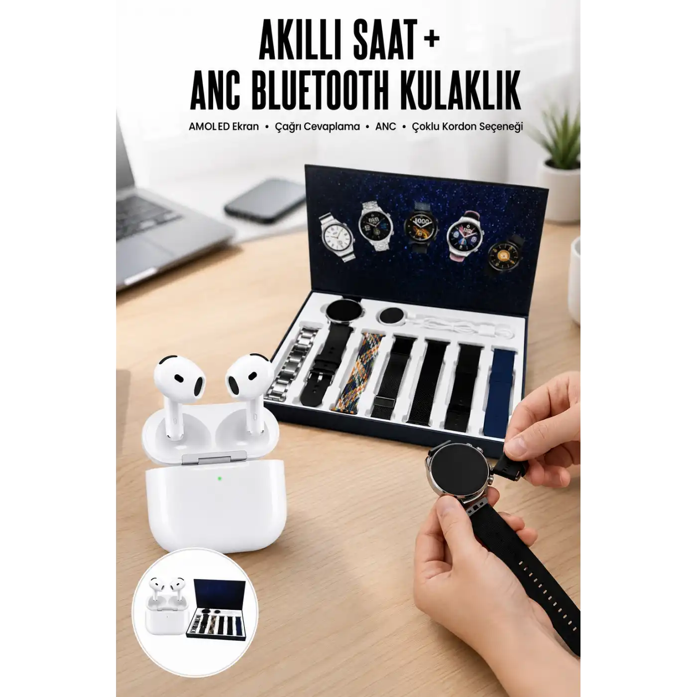 3.Nesil TWS Bluetooth Kulaklık Bluetooth Bağlantılı Akıllı Saat Amoled Ekran Plastik Hasır Kordon