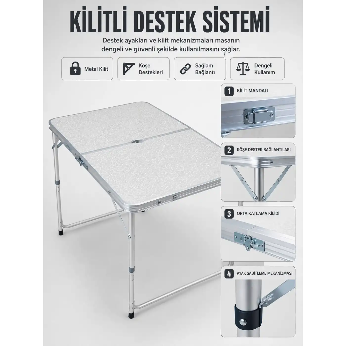 4 Kişilik Katlanabilir Kamp Masası Seti 4 Tabureli 50-65 cm Ayarlanabilir Yükseklik
