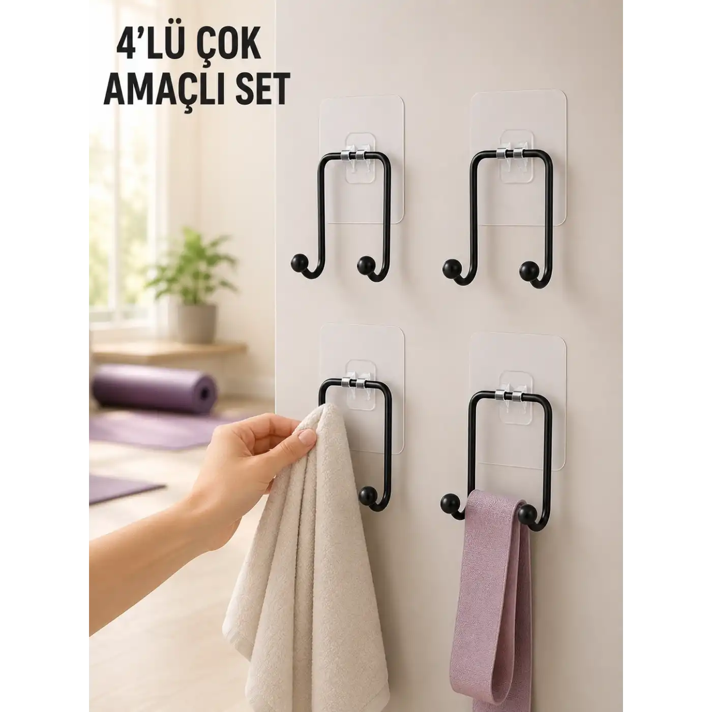 4lü Duvar Tipi Yapışkanlı Askı Pratik Ev ve Banyo Askılık Seti