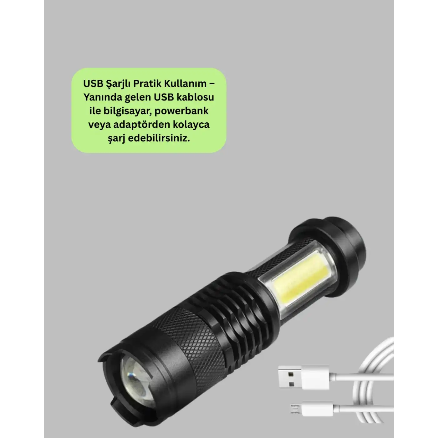 4 Modlu USB Şarjlı LED El Feneri Kamp ve Outdoor