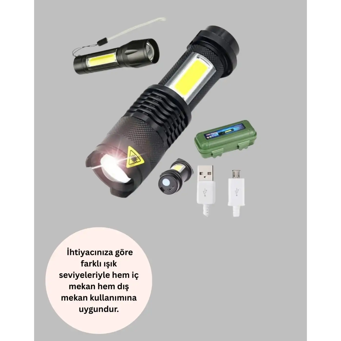 4 Modlu USB Şarjlı LED El Feneri Kamp ve Outdoor