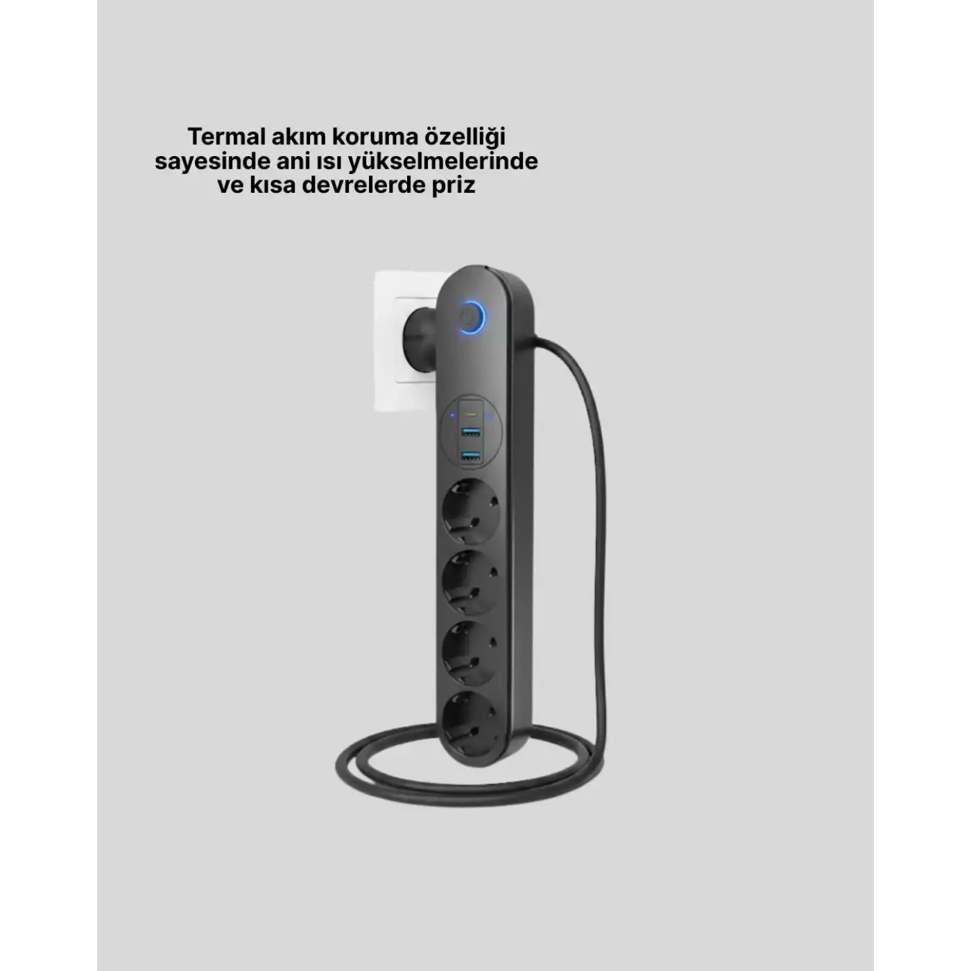 4 Priz 2 USB 1 Type-C Akım Korumalı Çoklu Priz Led Anahtarlı