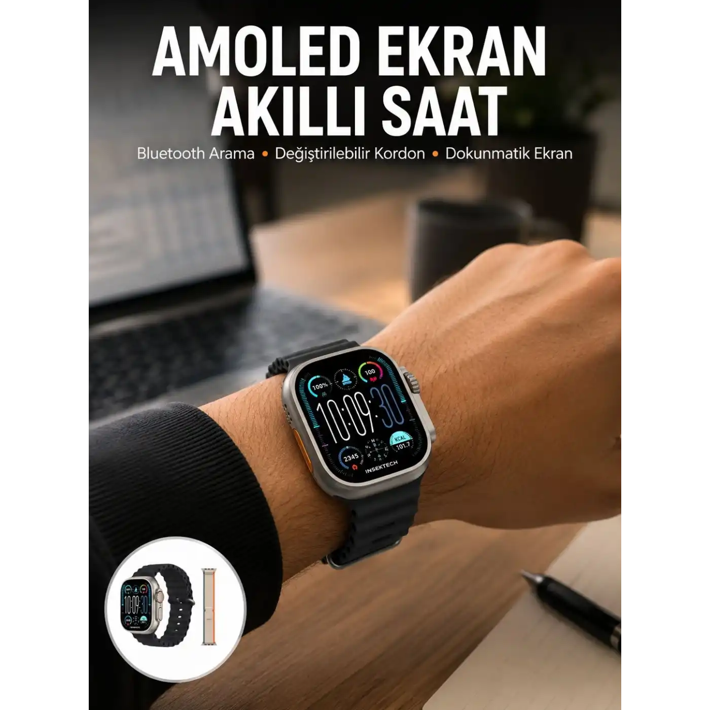 49mm Akıllı Saat Amoled Ekranlı Kadın Erkek Kol Saati Plastik Kordon Yeni Nesil