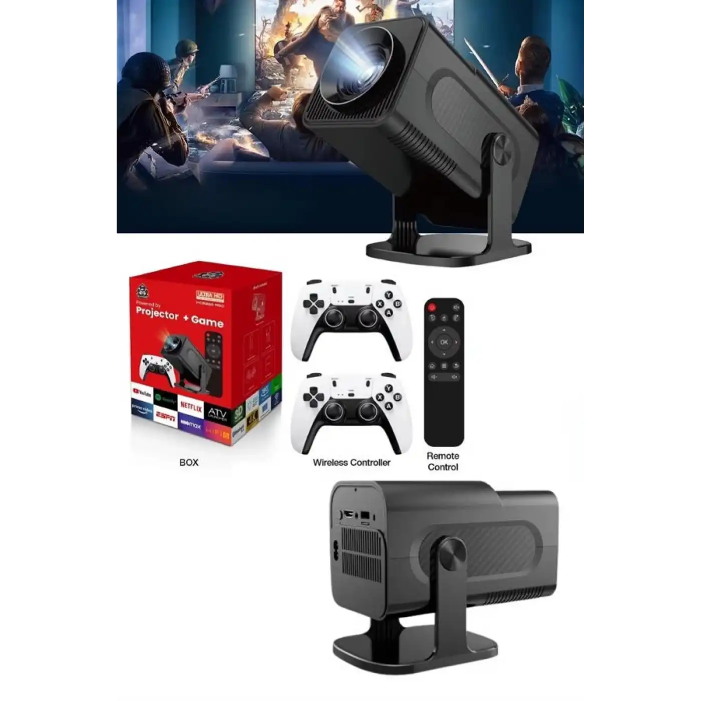 4K Android Smart Wi-fi Çift Kollu Projeksiyon Game Box Kumandalı Taşınabilir Yeni Nesil