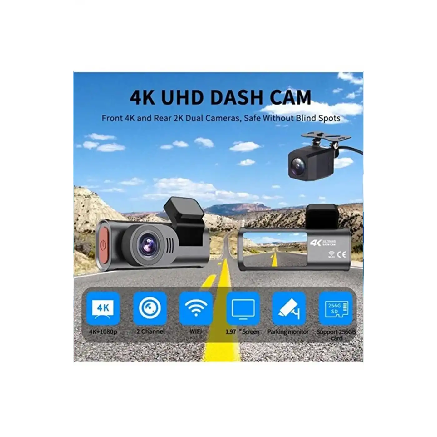 4k Wifi Çift Kameralı Araç Kamerası Gece Görüşlü G-sensörlü Dash Cam 170 Derece