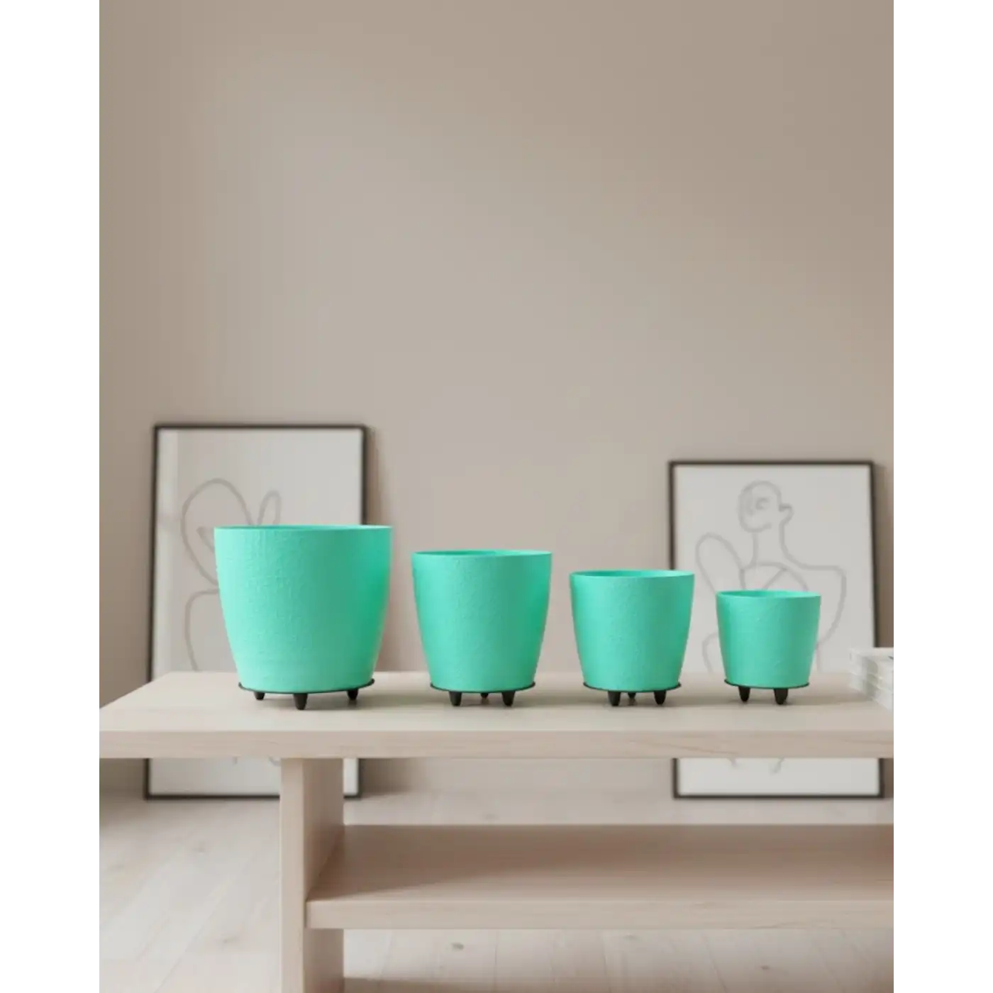 4’lü 3D Ayaklı Yeşil Saksı Seti Dekoratif Modern Tasarım