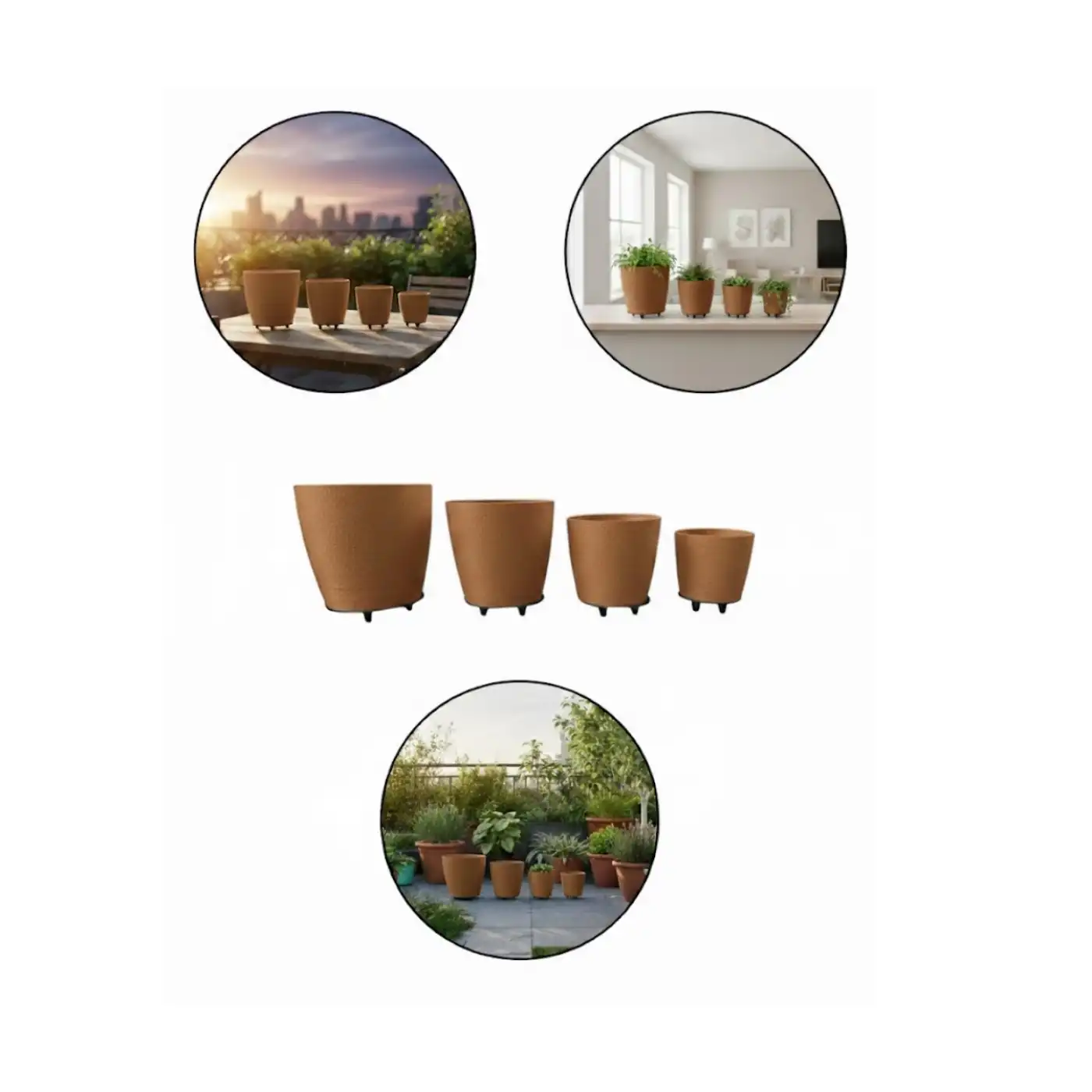 4’lü 3D Modern Kahverengi Vazo Seti Ayaklı Dekoratif Saksı Takımı