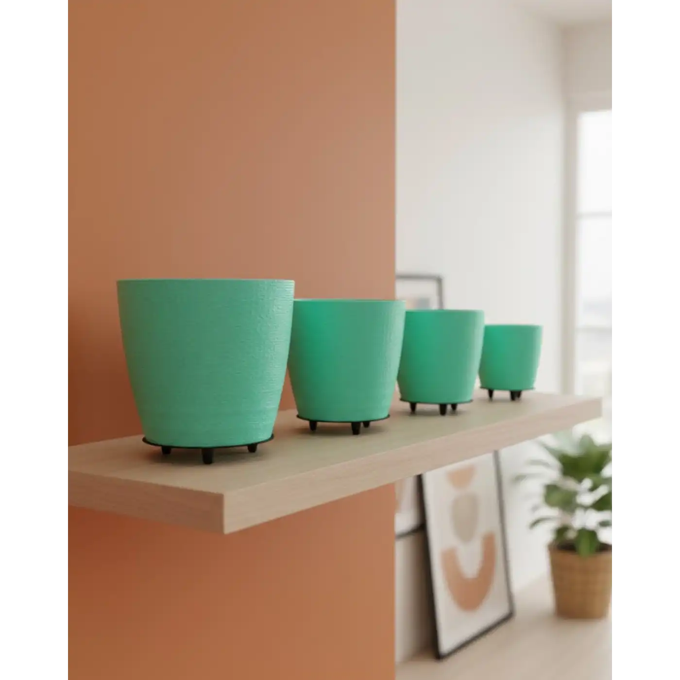 4’lü 3D Modern Yeşil Vazo Seti Dekoratif Ayaklı Saksı Takımı