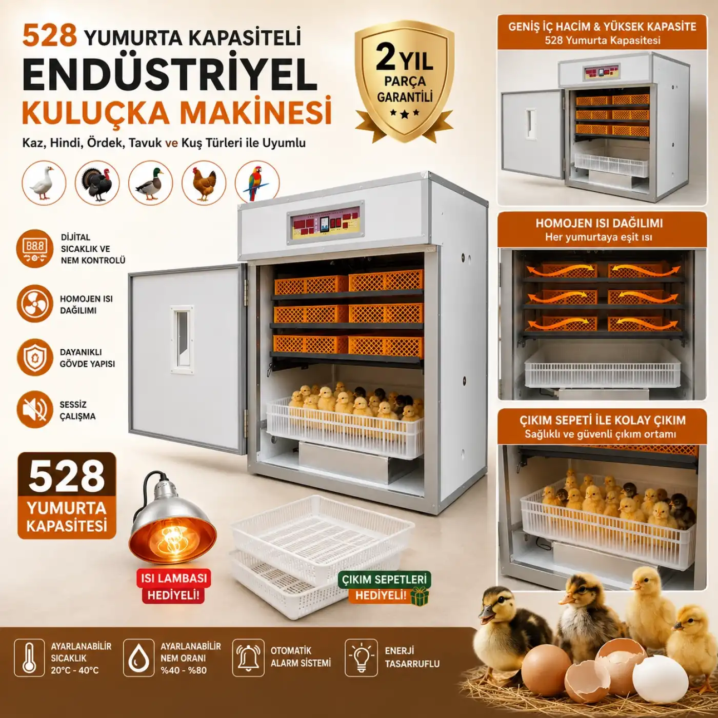 528 Yumurta Kapasiteli Endüstriyel Kuluçka Makinesi - 3 Çeşit Viyollu, Çıkım Sepetli + Isı Lambası Hediyeli