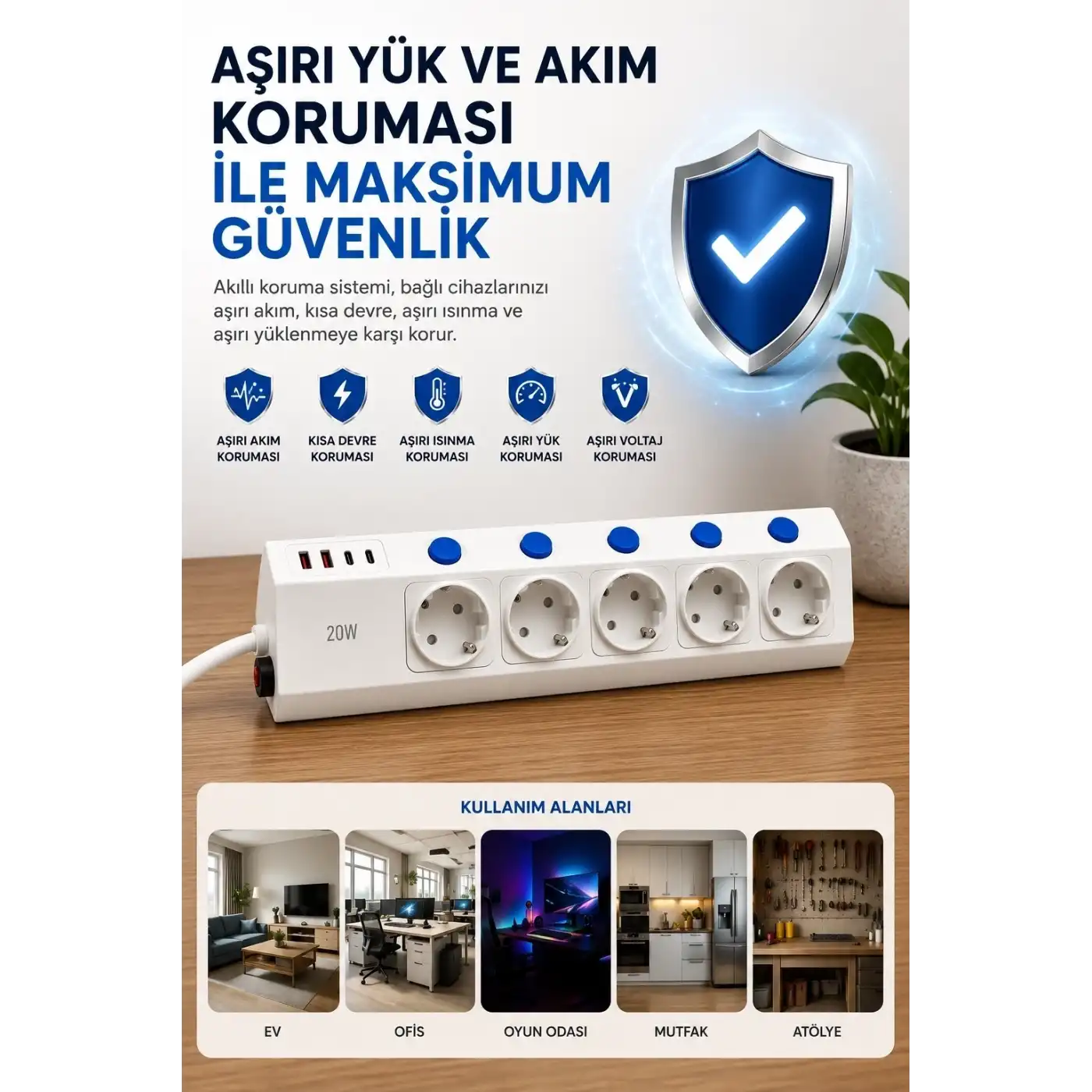 5’li Akım Korumalı Çoklu Priz 2 Metre Kablolu 3680w 16a 5 Anahtarlı 2usb-a 2 Usb-c Pd 20w Hızlı Ftr-28
