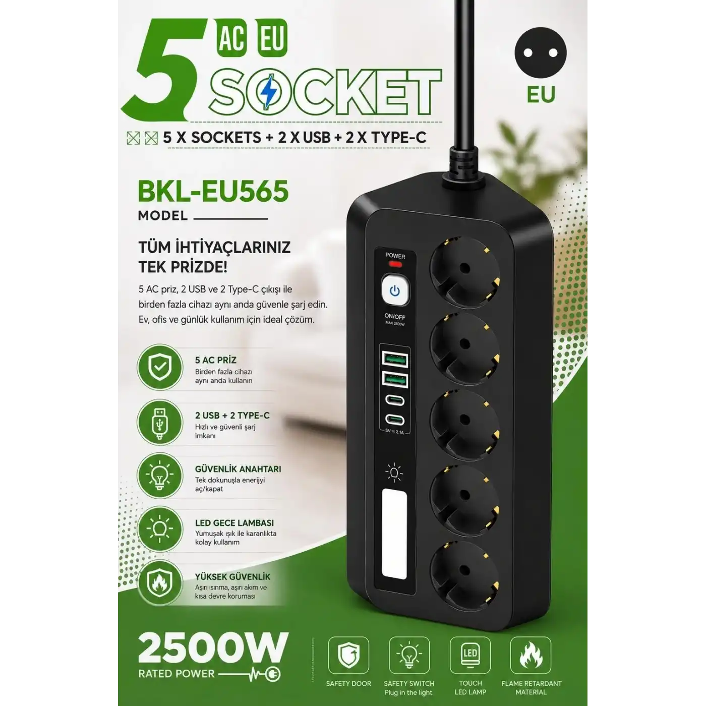 5’li Akım Korumalı Priz 2500w | 2 Usb + 2 Type-c Hızlı Şarj | Led Gece Lambalı | Dokunmatik Siyah