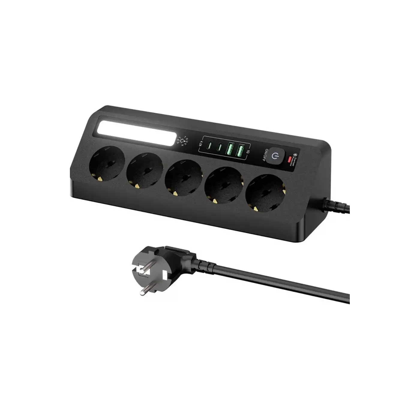 5’li Akım Korumalı Priz 2500w | 2 Usb + 2 Type-c Hızlı Şarj | Led Gece Lambalı | Dokunmatik Siyah