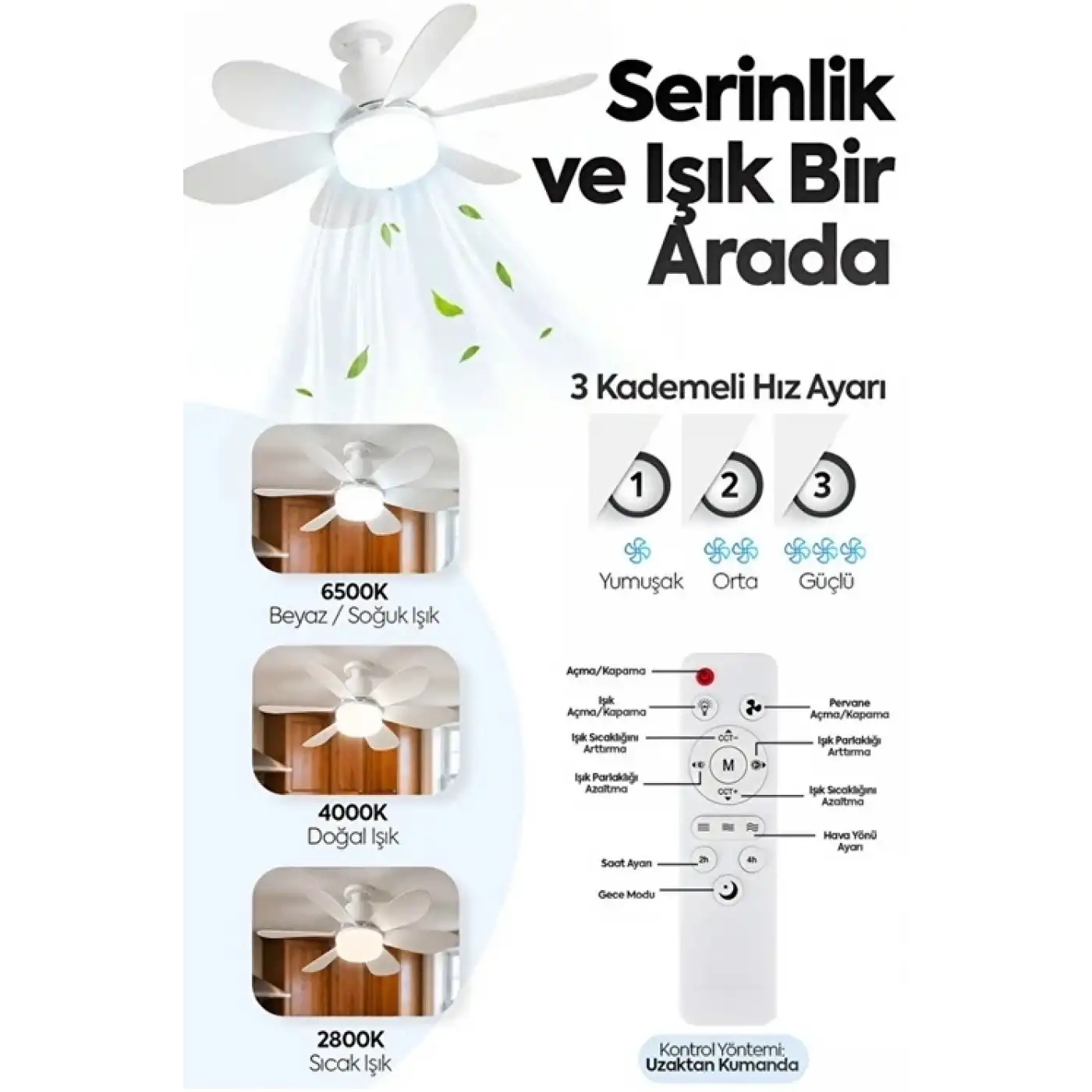 6 Kanatlı 3 Kademeli Led Aydınlatmalı Uzaktan Kumandalı Tavan Vantilatörü