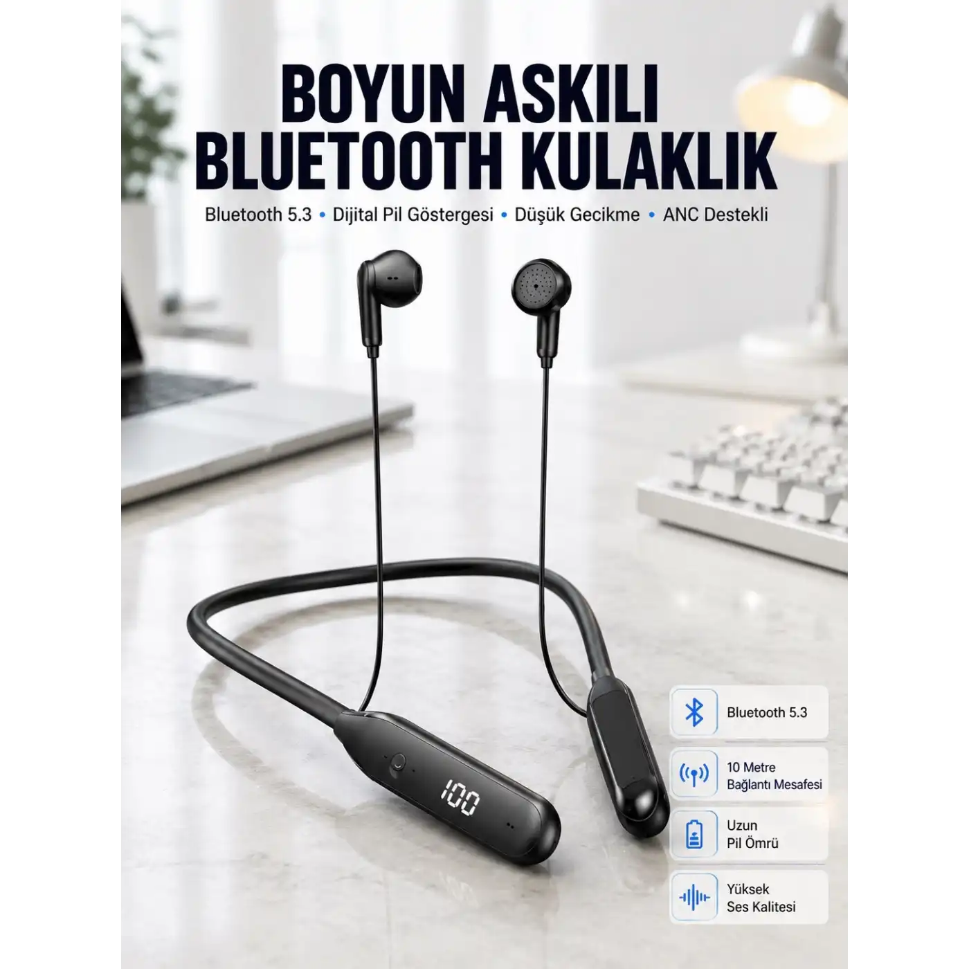 60 Saat Kablolu Boyun Askılı Dijital Göstergeli Bluetooth Kulaklığı Yeni Nesil
